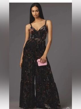Anthropologie Hutch Tiered Velvet Floral Wide Leg Jumpsuit   Size 6 NWT